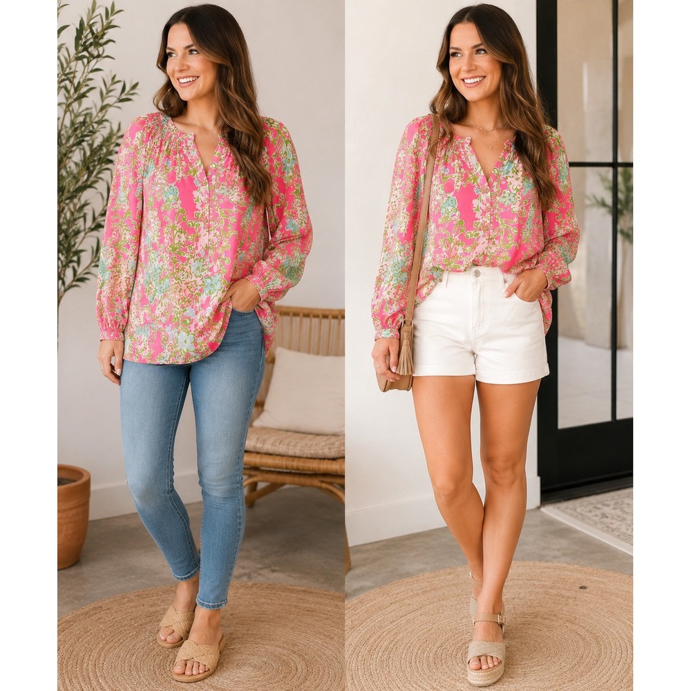 Lilly Pulitzer 100% Silk Smocked Split Neck Floral Blouse Pink Green Women's M